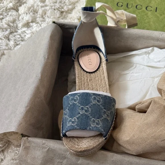 Gucci Blue Denim GG Logo Espadrille Wedges with Jute Heel - Picture 3 of 10